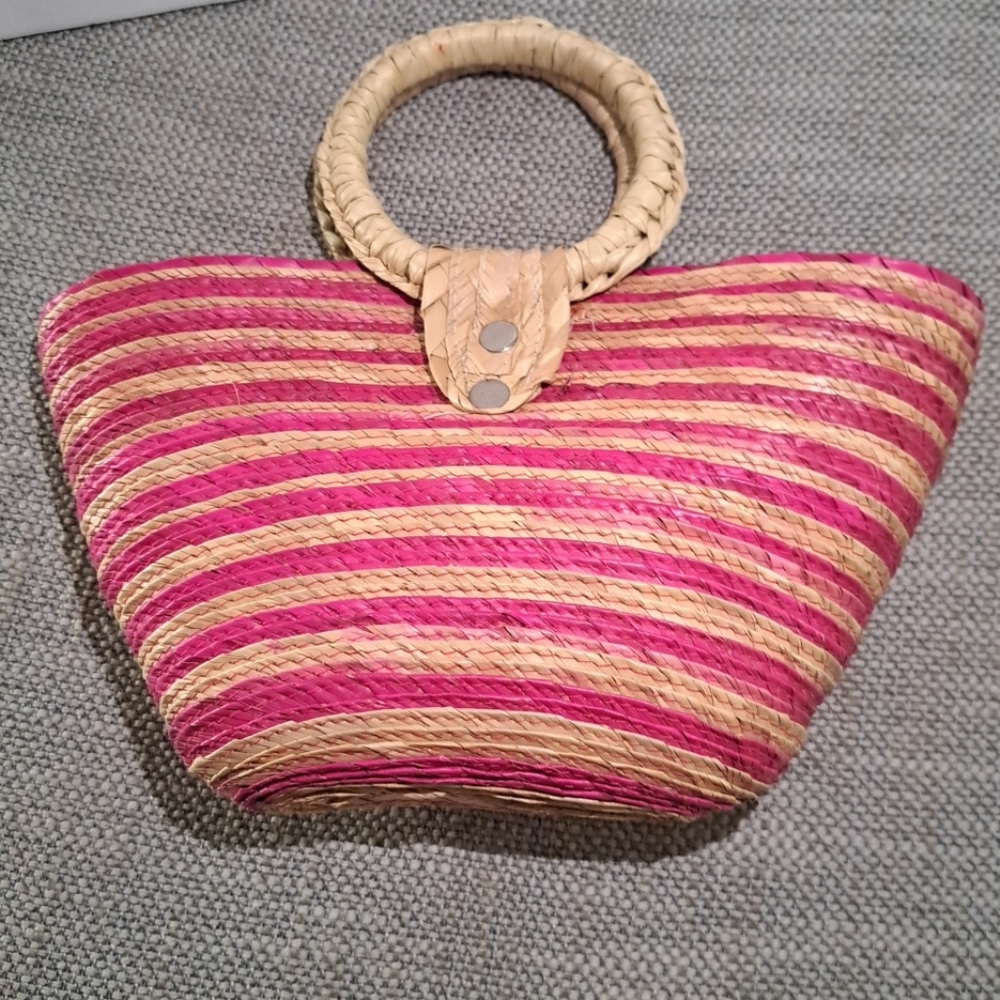 Striped Pink and Natural Woven Tote with Round Handles
